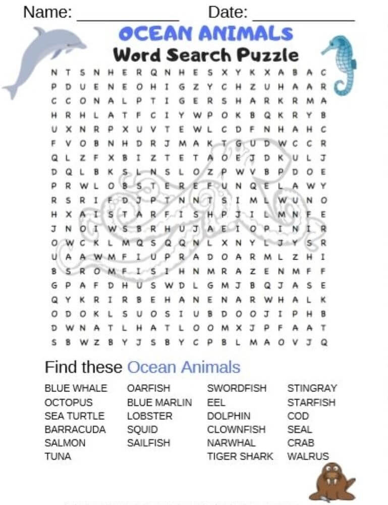 Printable Ocean Animals Word Search Sheet 1 Free Download And Print 