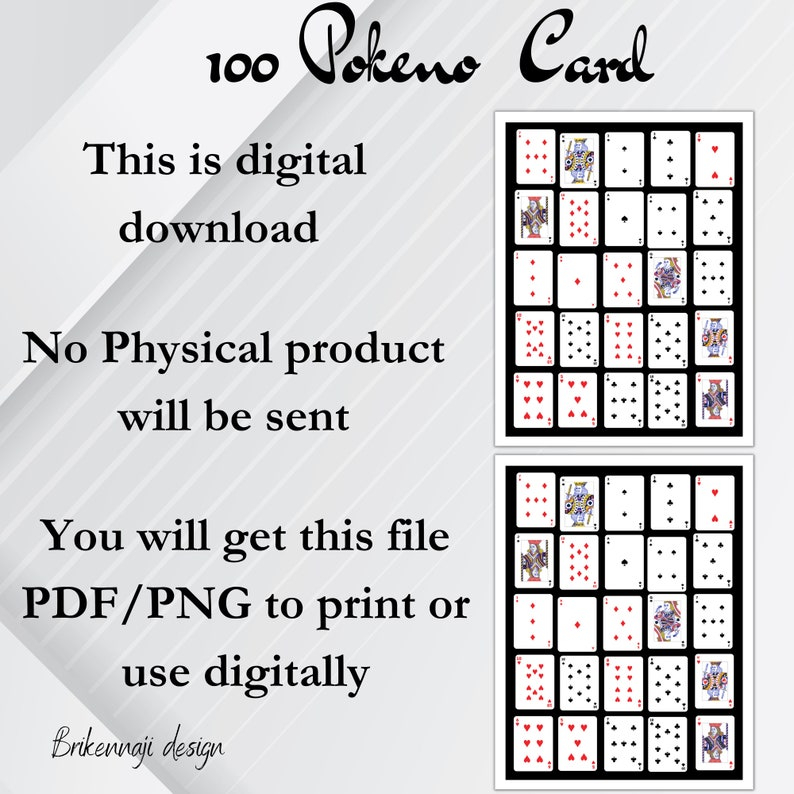 Printable Pokeno Card Game 100 Poker Keno Cards Set 1 4 Colors 