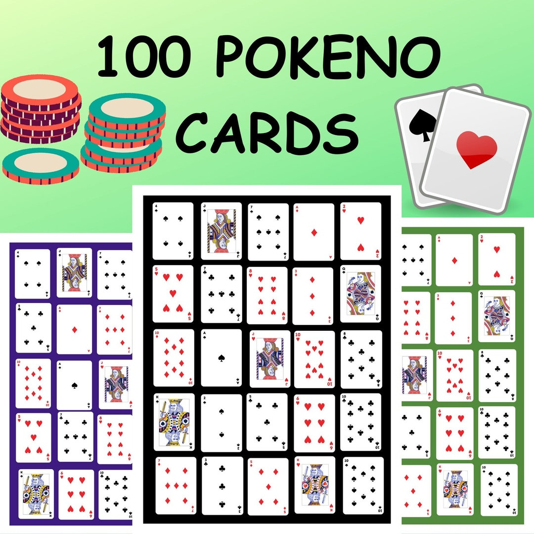 Printable Pokeno Card Game 100 Poker Keno Cards Set 1 4 Colors 