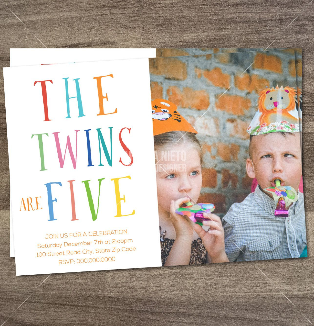 Printable The Twins Are Five Birthday Invitation fun Letters Twins 