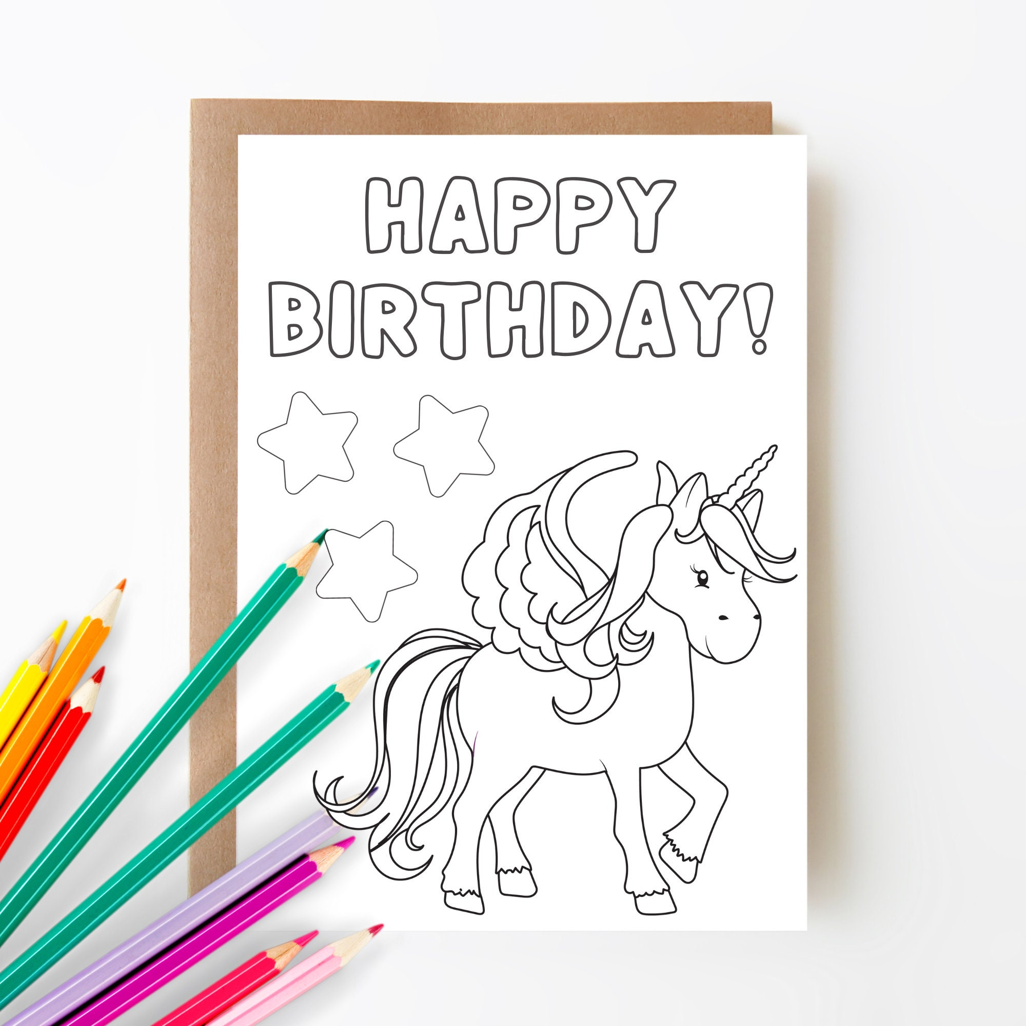 Printable Unicorn Birthday Coloring Card Happy Birthday Card Etsy
