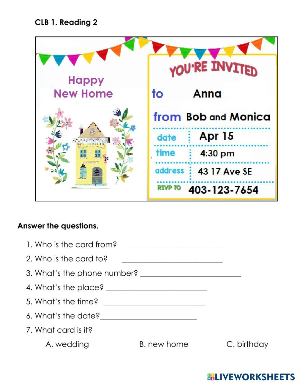 Reading A Party Invitation Worksheet