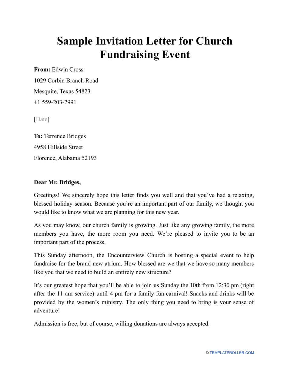 Sample Invitation Letter For Church Fundraising Event Download 