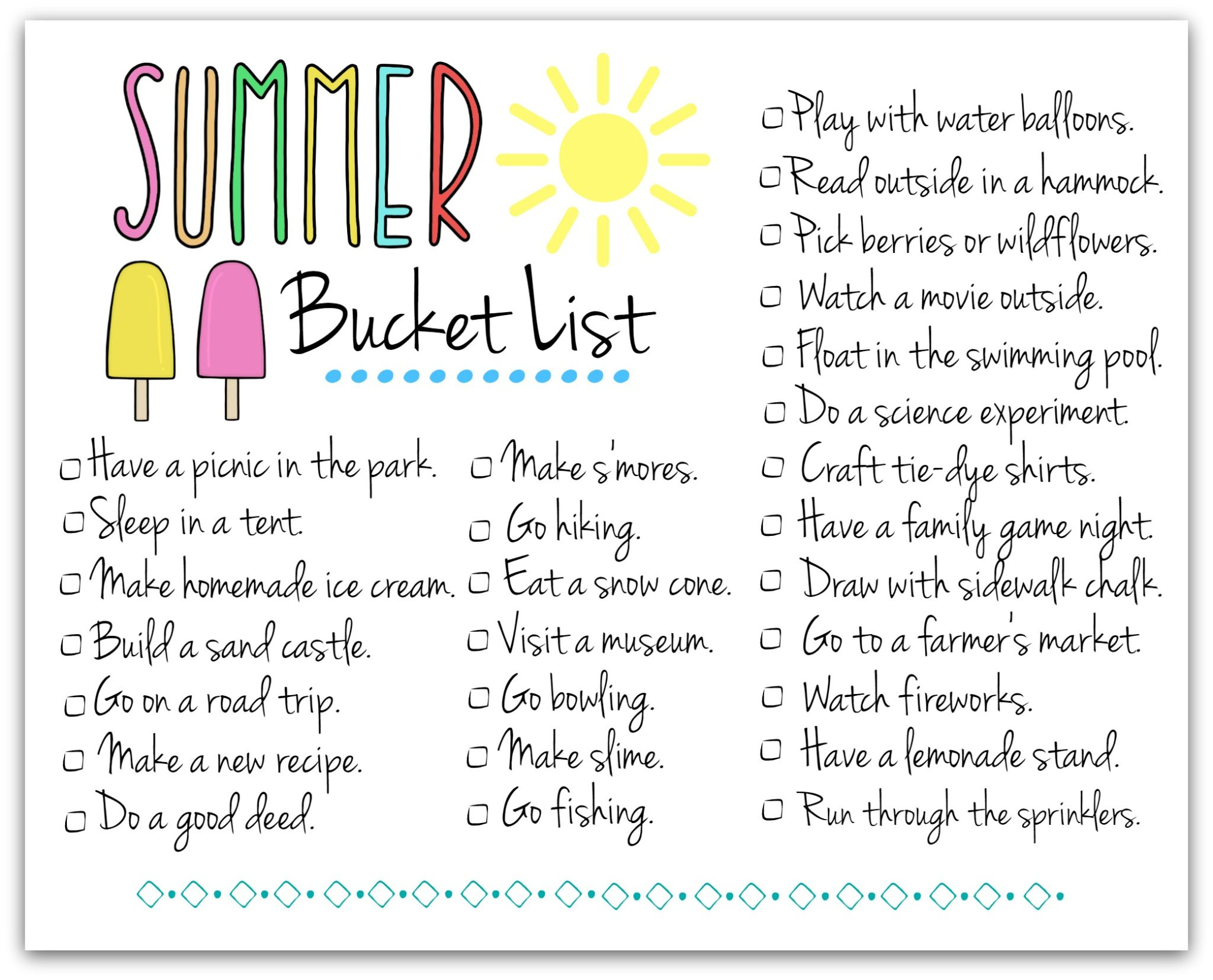 Sample Of Kid s Summer Activities Checklist Template Templateral
