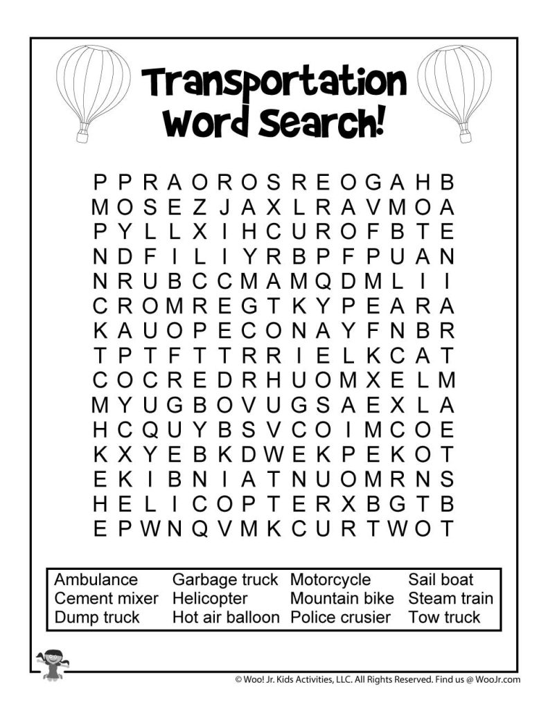 Transportation Printable Word Search Puzzle For Kids Woo Jr Kids