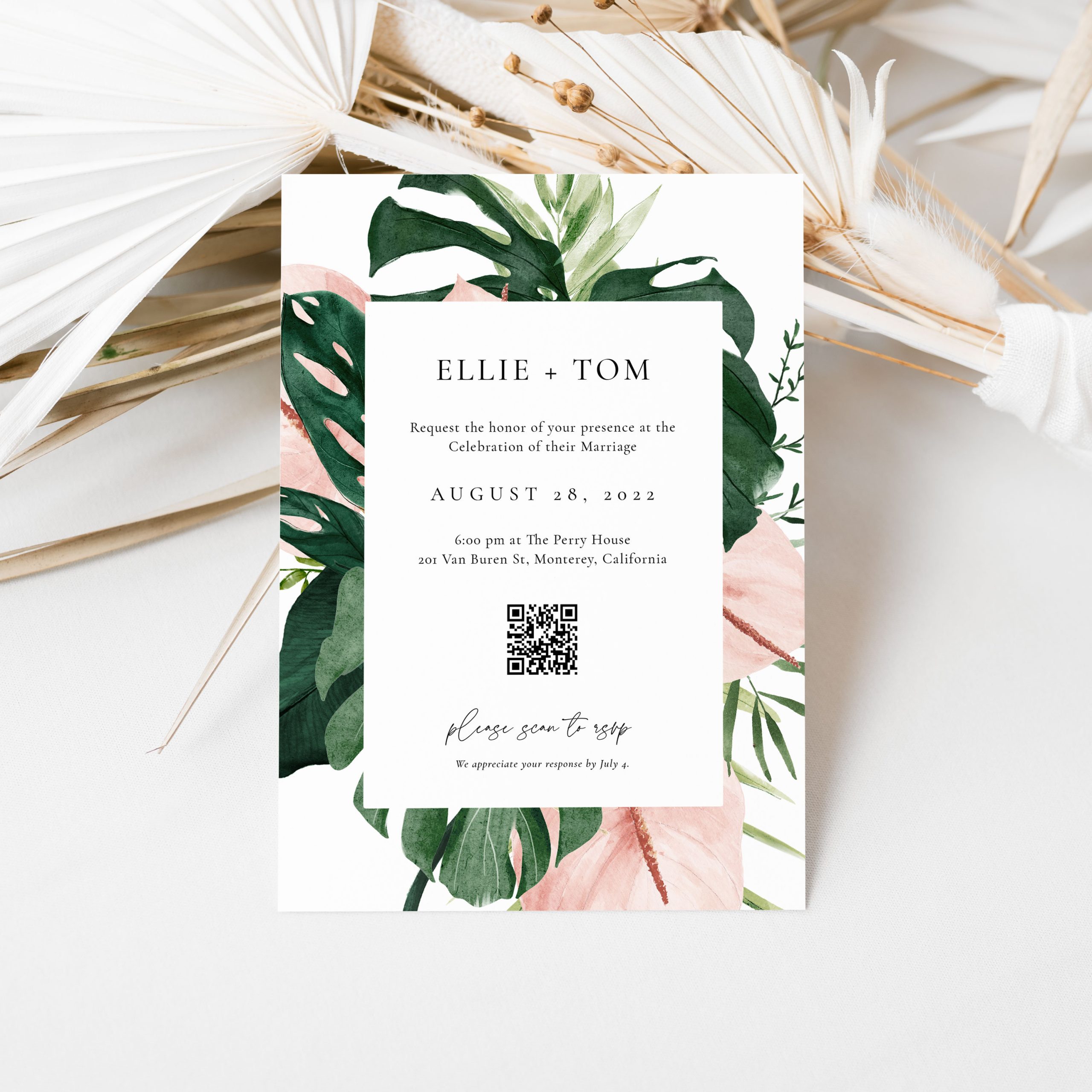 Tropical QR Code Wedding Invitation Digital Rsvp Monstera Etsy