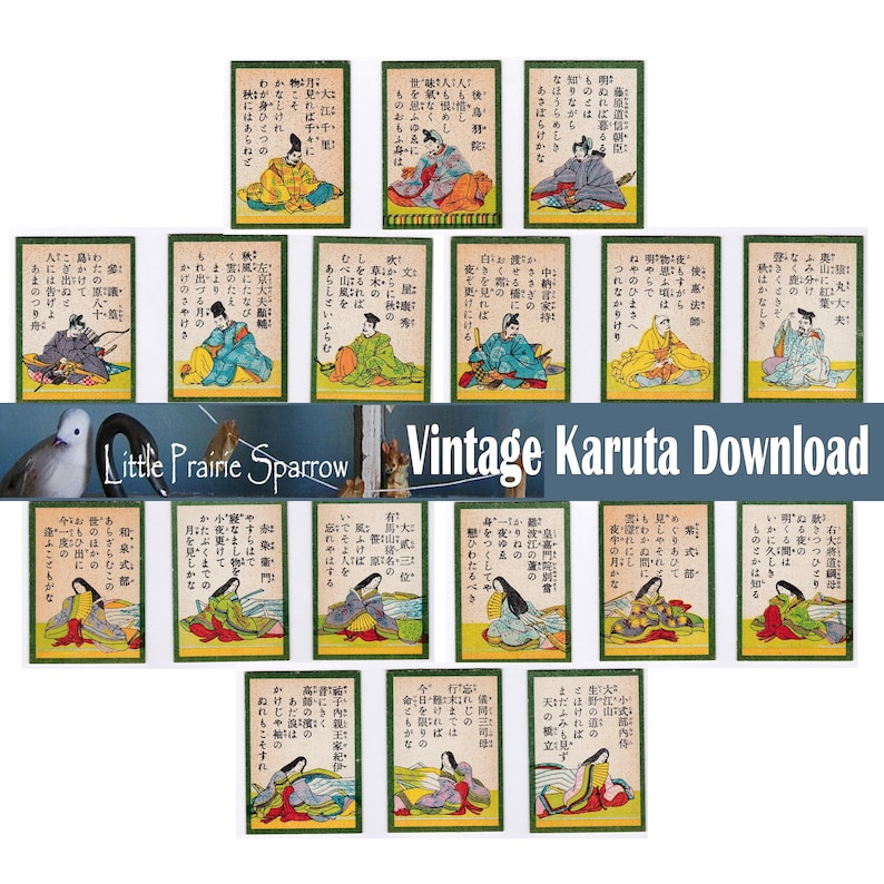 Vintage Karuta Game Cards Digital Printable Collage Sheet Etsy