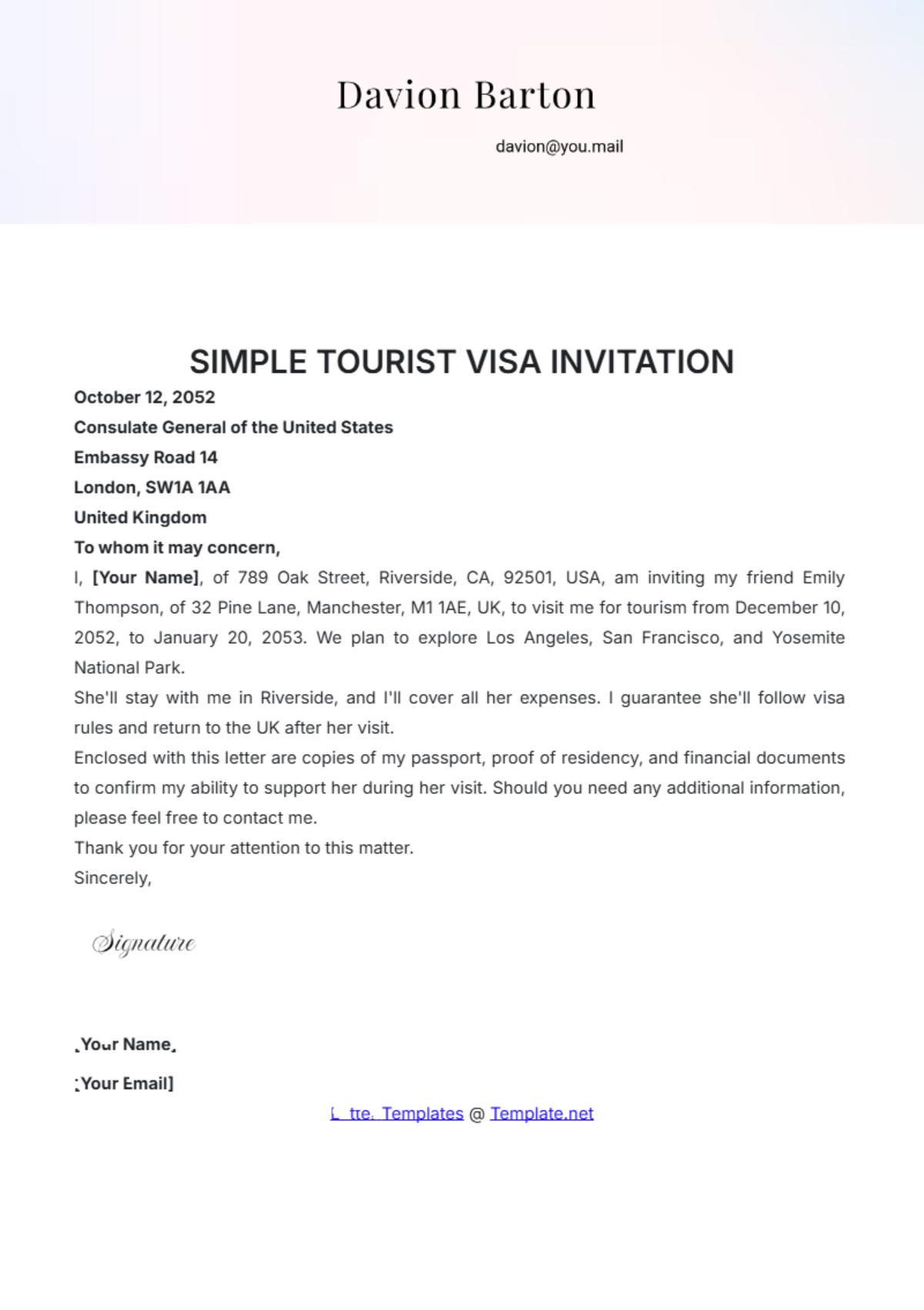 Visitor Visa Invitation Letter Sle Infoupdate