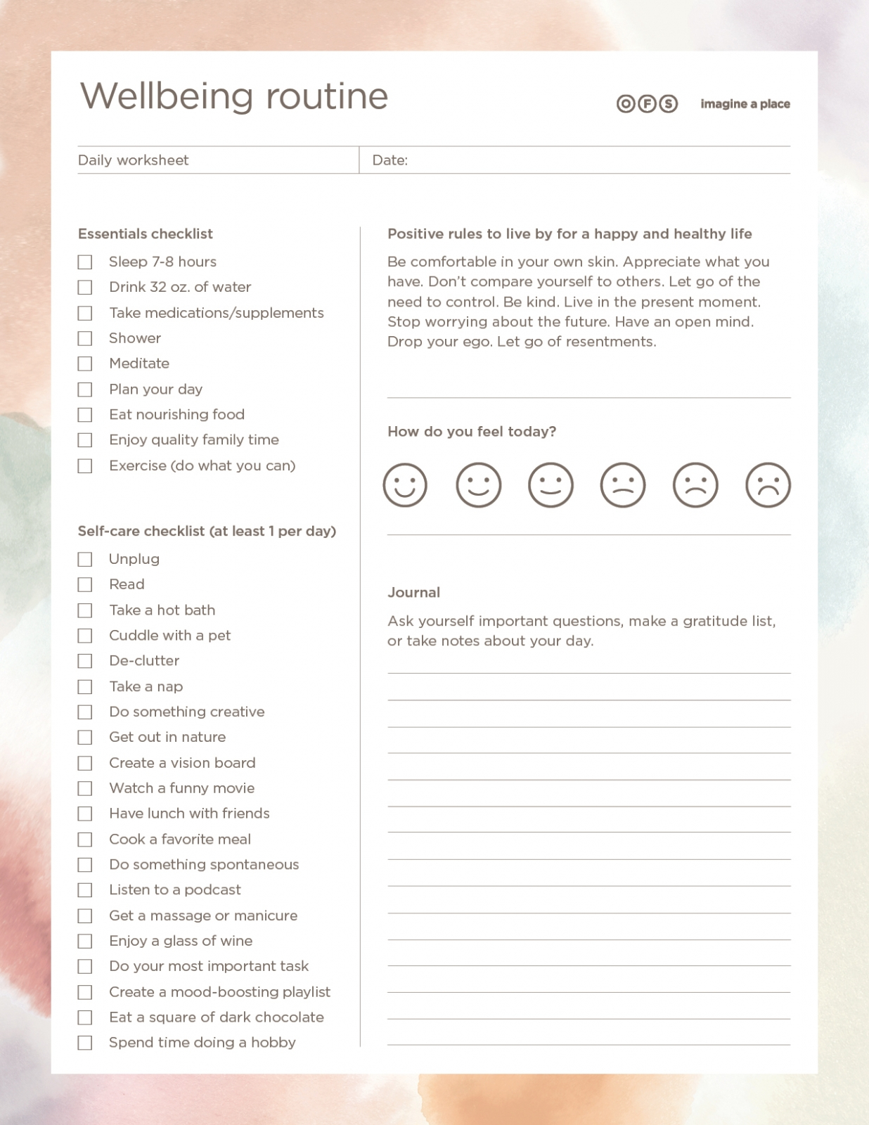 Wellbeing Worksheet Imagine A Place OFS